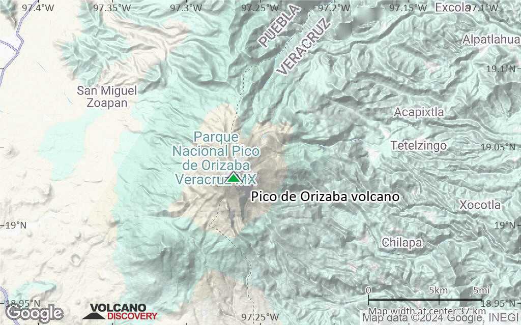 Terrain-type map of Pico de Orizaba volcano (scale of 20-40 km)
