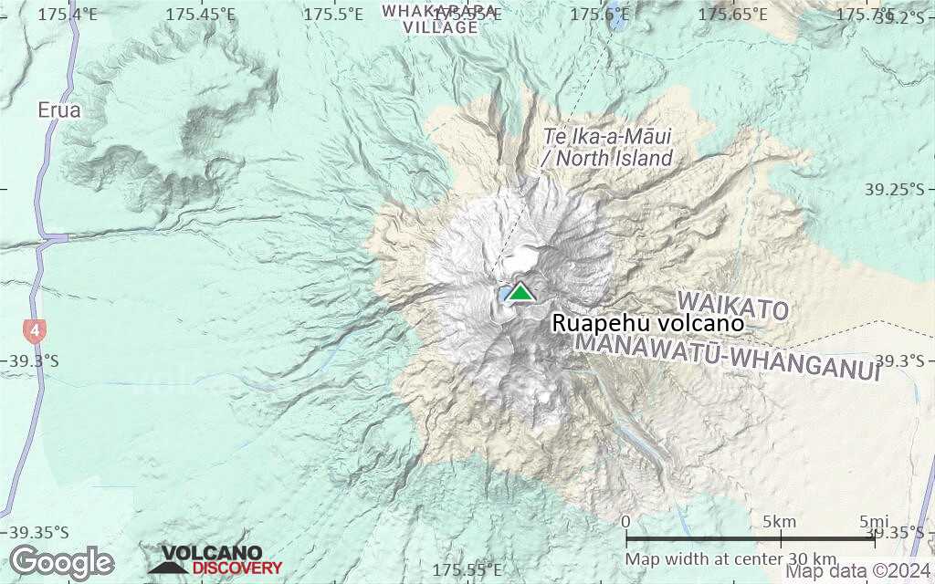 Terrain-type map of Ruapehu volcano (scale of 20-40 km)
