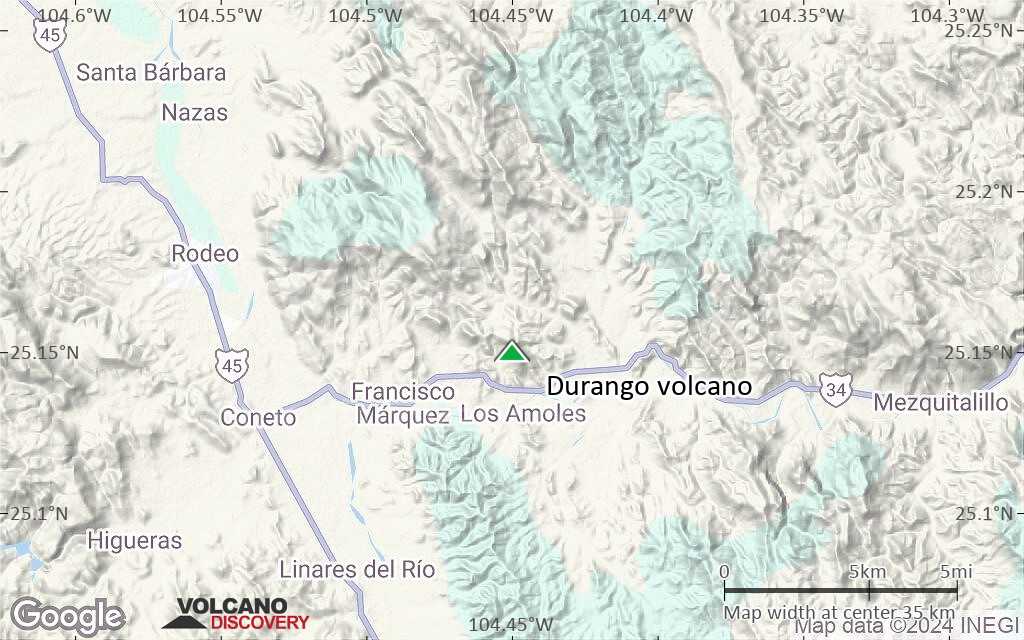 Terrain-type map of Durango volcano (scale of 20-40 km)
