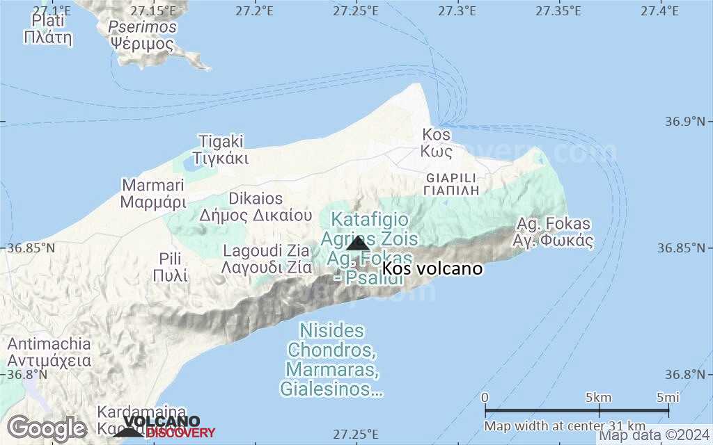 Terrain-type map of Kos volcano (scale of 20-40 km)