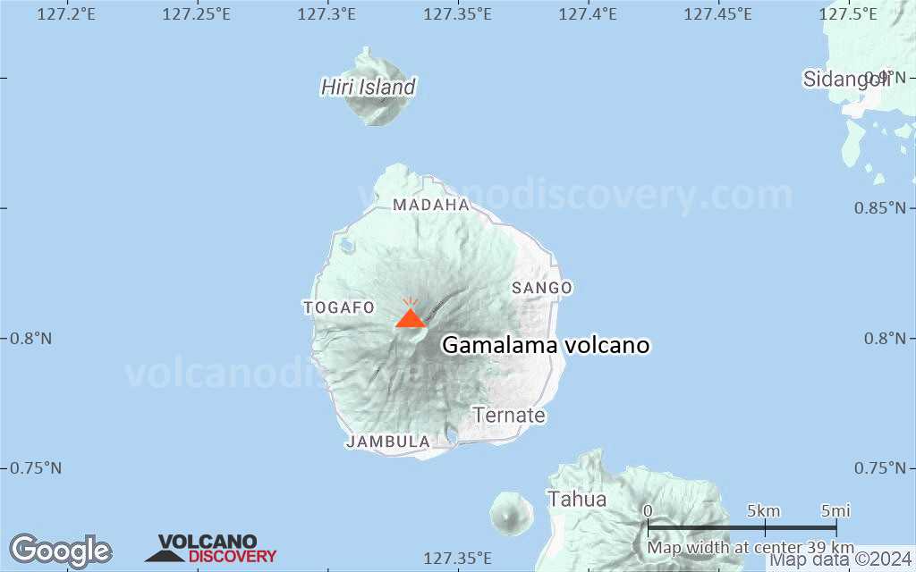 Terrain-type map of Gamalama volcano (scale of 20-40 km)