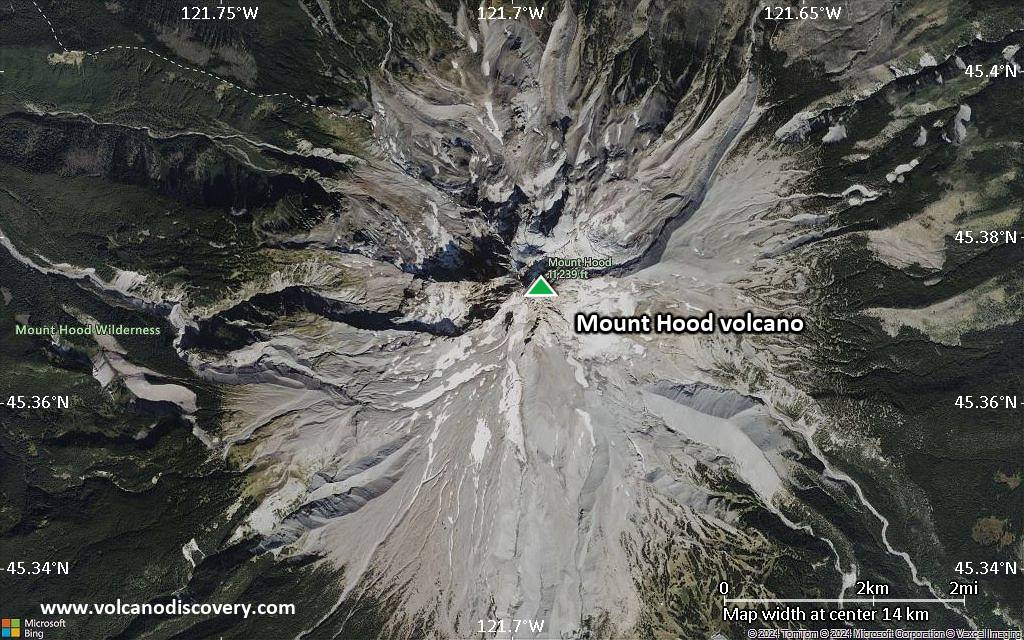 Satellite/aerial-type map of Mount Hood volcano (scale of approx. 10-20 km)