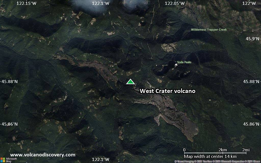 Satellite/aerial-type map of West Crater volcano (scale of approx. 10-20 km)