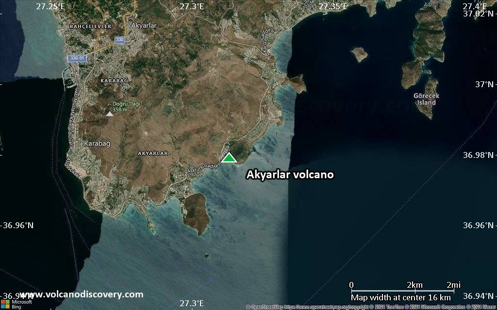 Satellite/aerial-type map of Akyarlar volcano (scale of approx. 10-20 km)