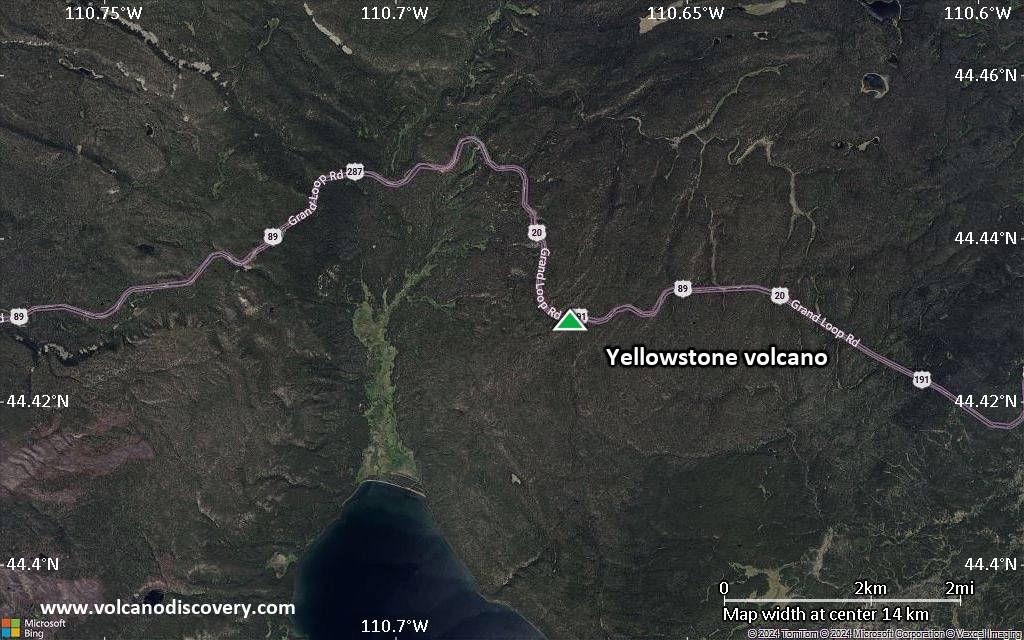 Satellite/aerial-type map of Yellowstone volcano (scale of approx. 10-20 km)