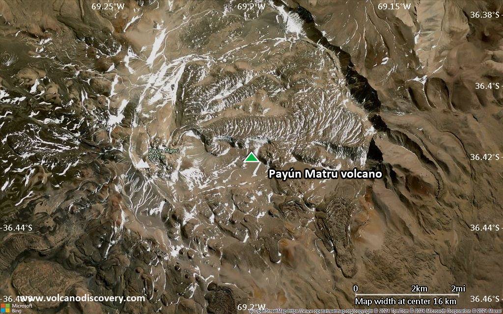Satellite/aerial-type map of Payún Matru volcano (scale of approx. 10-20 km)