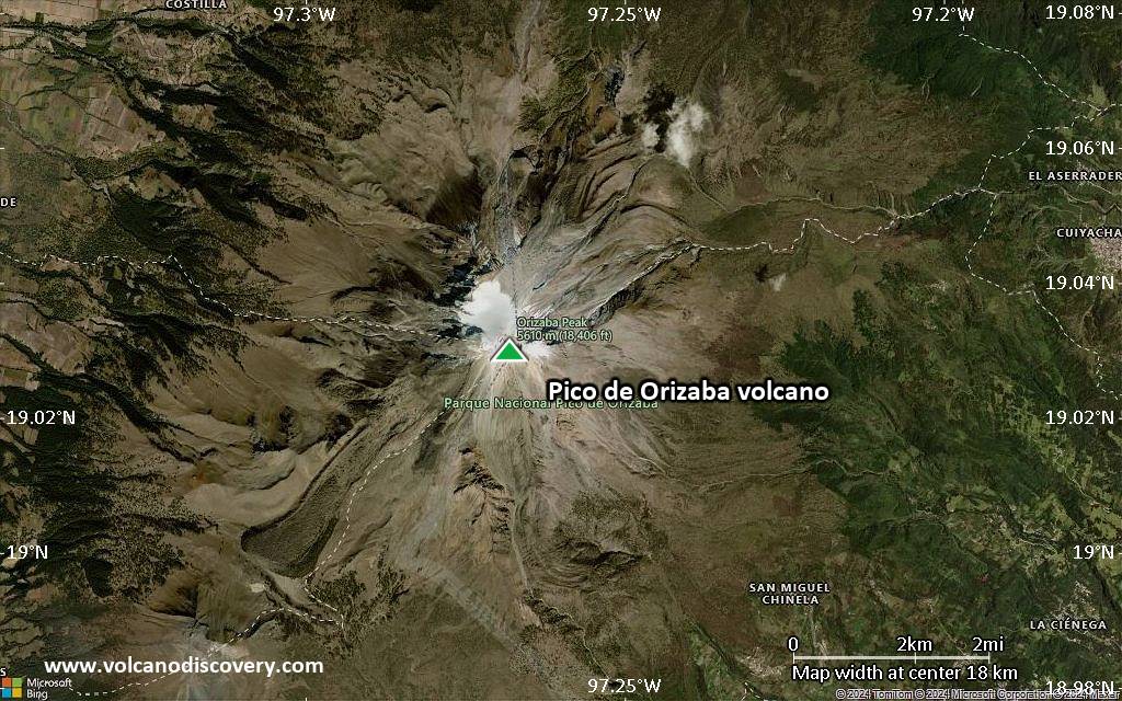 Satellite/aerial-type map of Pico de Orizaba volcano (scale of approx. 10-20 km)
