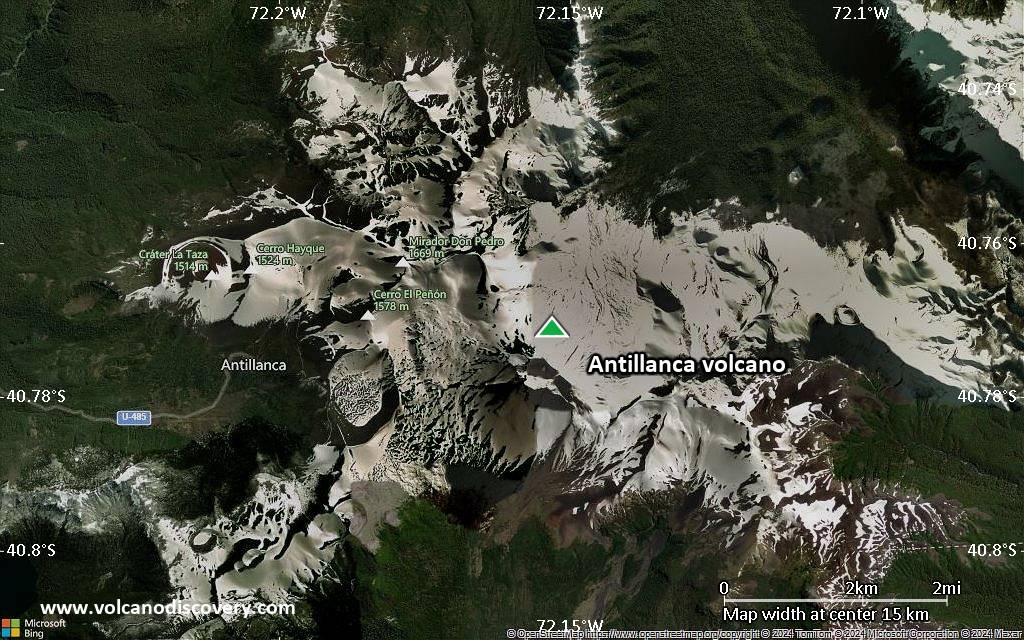 Satellite/aerial-type map of Antillanca volcano (scale of approx. 10-20 km)