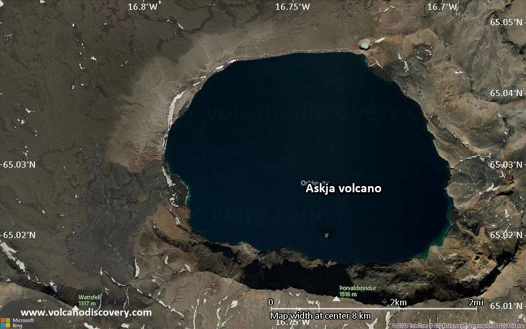 Satellite/aerial-type map of Askja volcano (scale of approx. 10-20 km)