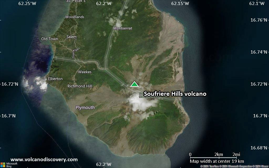 Satellite/aerial-type map of Soufriere Hills volcano (scale of approx. 10-20 km)