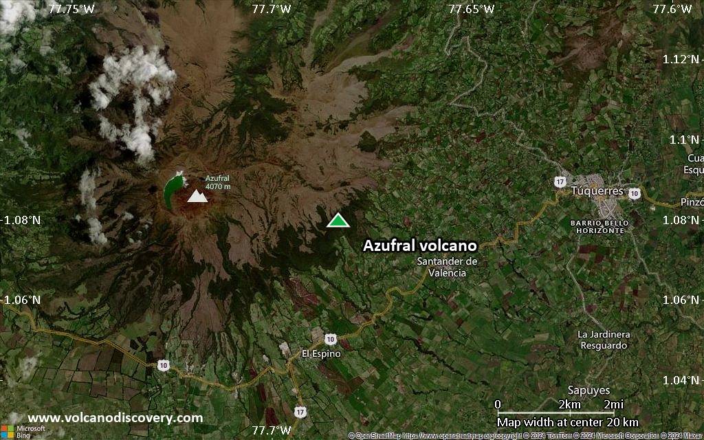 Satellite/aerial-type map of Azufral volcano (scale of approx. 10-20 km)