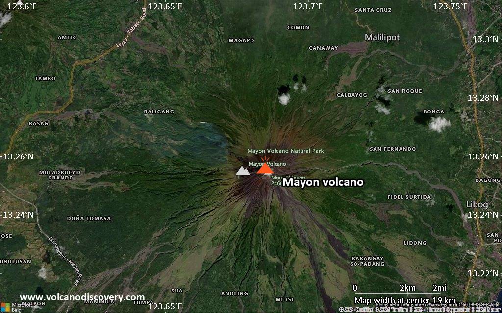 Satellite/aerial-type map of Mayon volcano (scale of approx. 10-20 km)