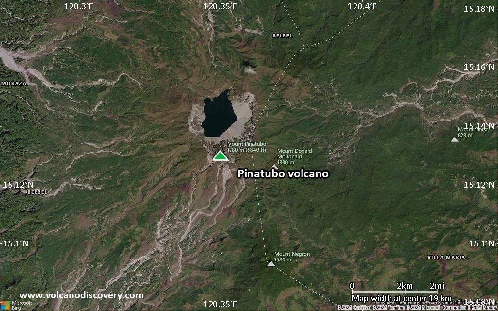 Satellite/aerial-type map of Pinatubo volcano (scale of approx. 10-20 km)