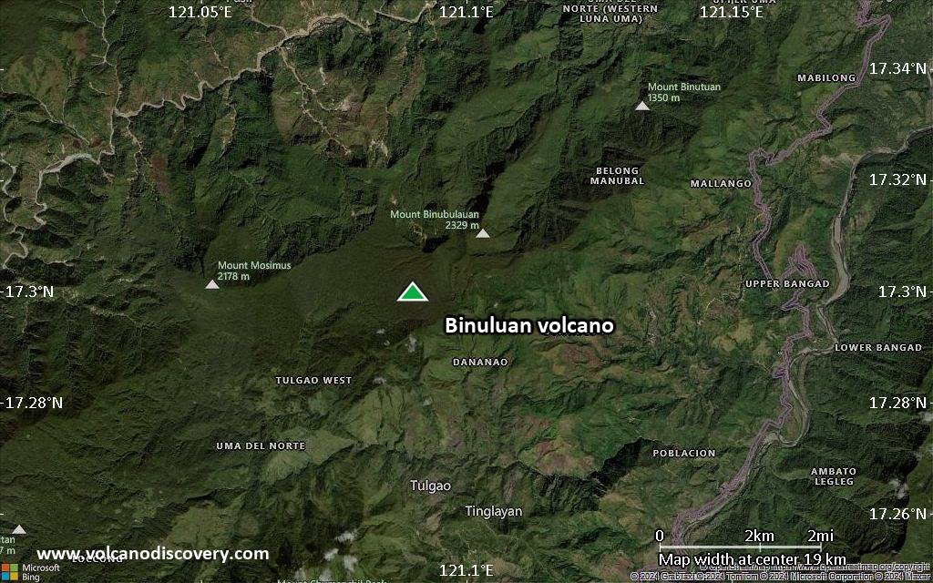 Satellite/aerial-type map of Binuluan volcano (scale of approx. 10-20 km)