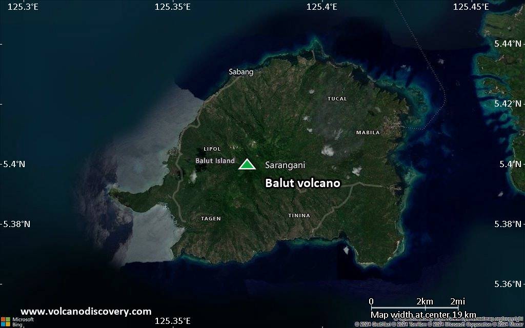 Satellite/aerial-type map of Balut volcano (scale of approx. 10-20 km)