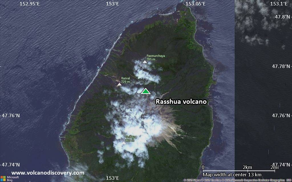 Satellite/aerial-type map of Rasshua volcano (scale of approx. 10-20 km)