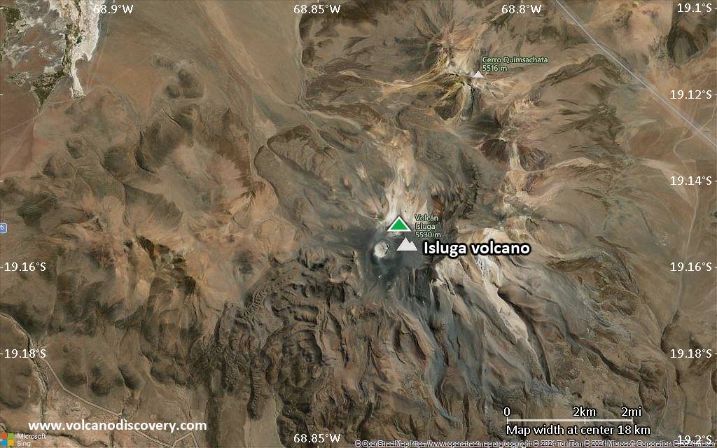 Satellite/aerial-type map of Isluga volcano (scale of approx. 10-20 km)