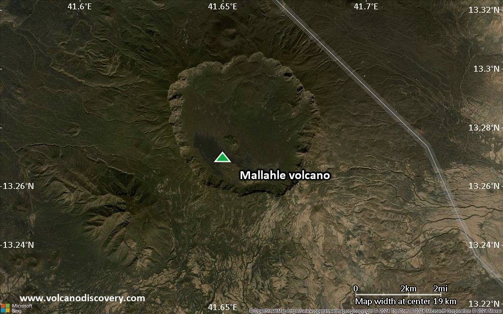 Satellite/aerial-type map of Mallahle volcano (scale of approx. 10-20 km)