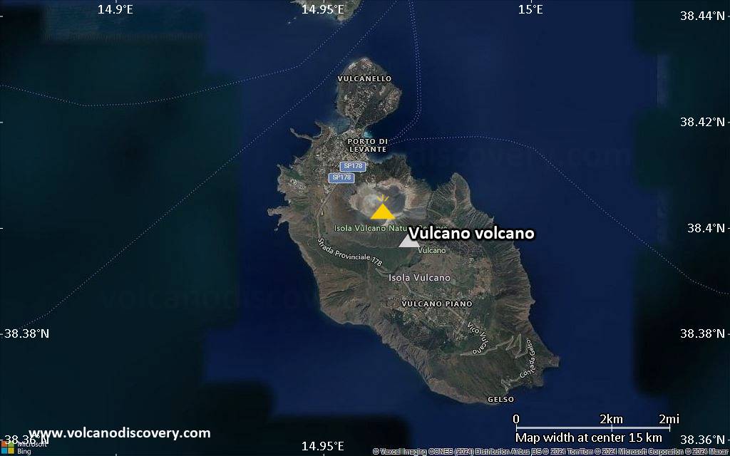 Satellite/aerial-type map of Vulcano volcano (scale of approx. 10-20 km)