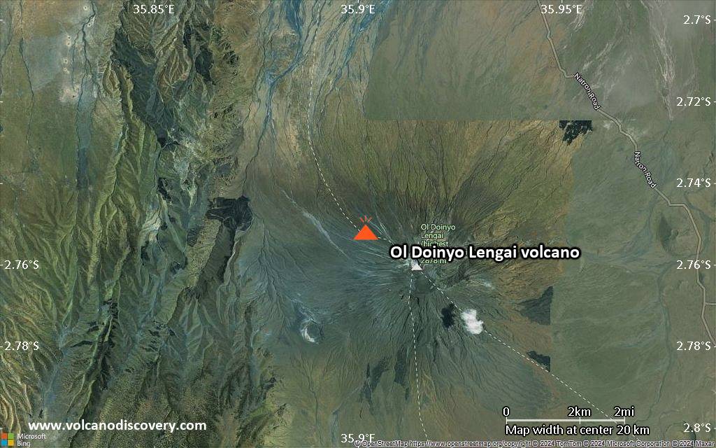 Satellite/aerial-type map of Ol Doinyo Lengai volcano (scale of approx. 10-20 km)