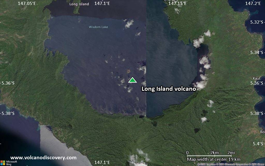 Satellite/aerial-type map of Long Island volcano (scale of approx. 10-20 km)