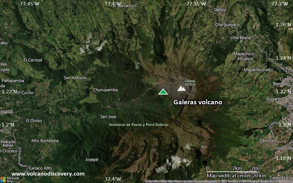 Satellite/aerial-type map of Galeras volcano (scale of approx. 10-20 km)