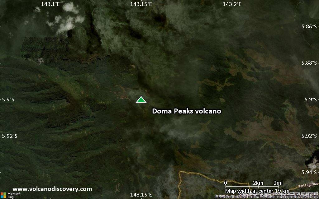 Satellite/aerial-type map of Doma Peaks volcano (scale of approx. 10-20 km)
