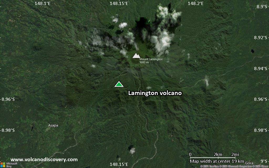 Satellite/aerial-type map of Lamington volcano (scale of approx. 10-20 km)