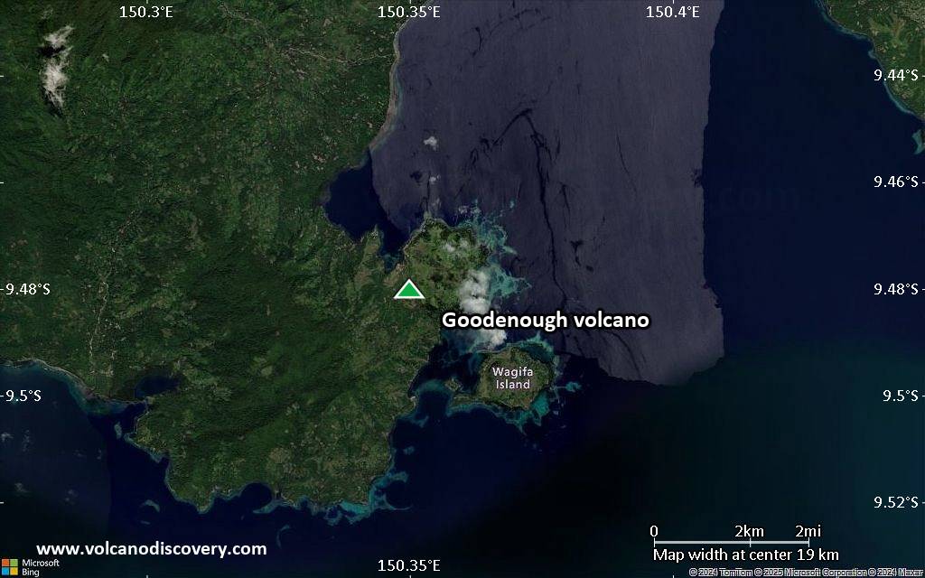 Satellite/aerial-type map of Goodenough volcano (scale of approx. 10-20 km)