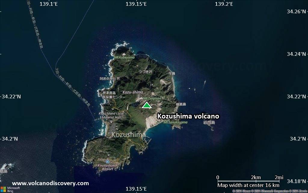 Satellite/aerial-type map of Kozushima volcano (scale of approx. 10-20 km)