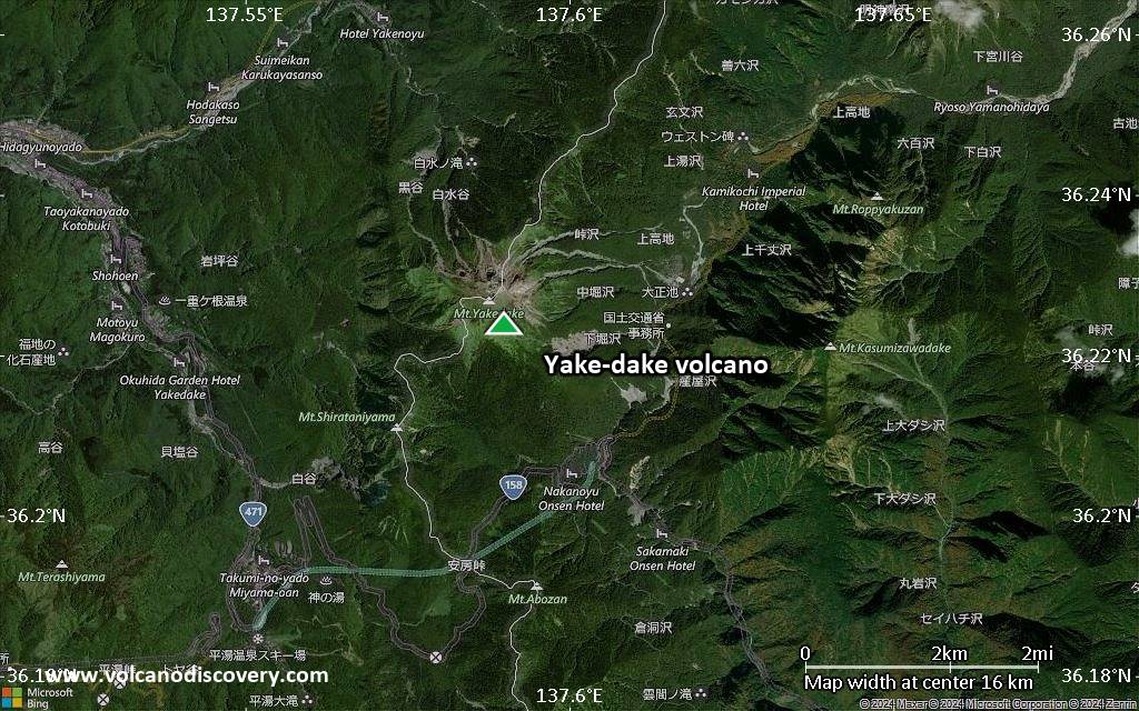 Satellite/aerial-type map of Yake-dake volcano (scale of approx. 10-20 km)
