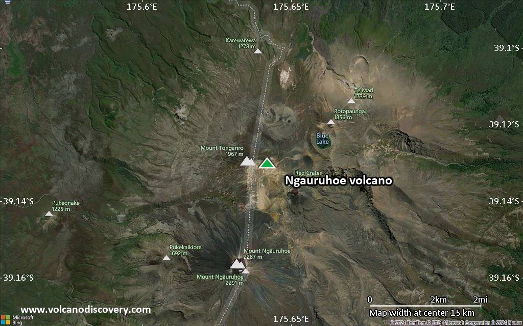 Satellite/aerial-type map of Ngauruhoe volcano (scale of approx. 10-20 km)