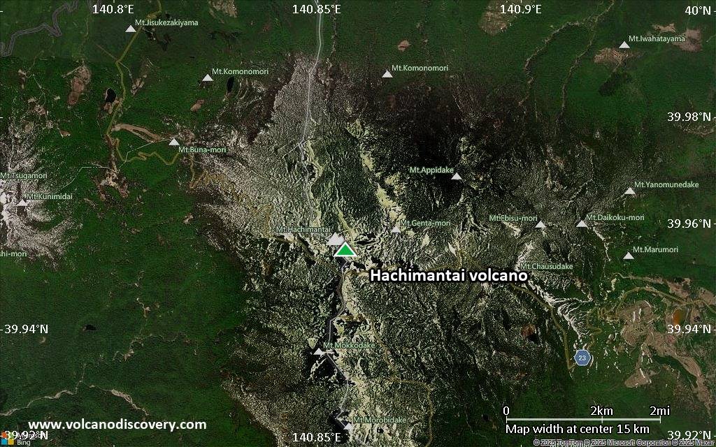 Satellite/aerial-type map of Hachimantai volcano (scale of approx. 10-20 km)