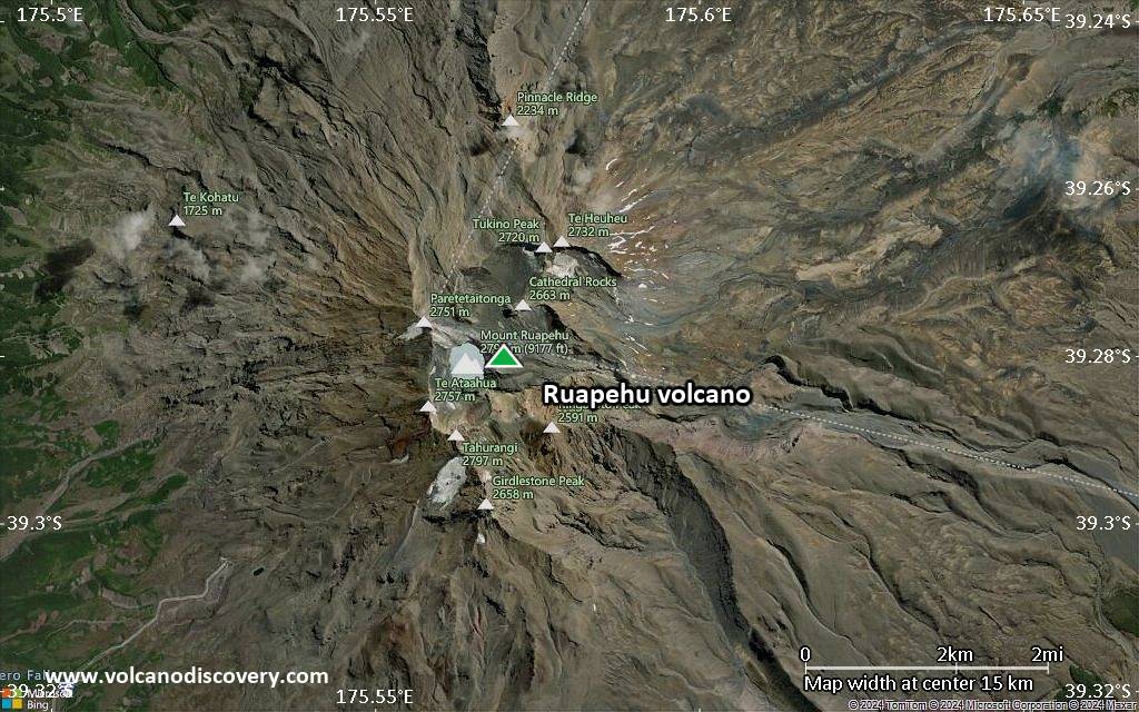 Satellite/aerial-type map of Ruapehu volcano (scale of approx. 10-20 km)
