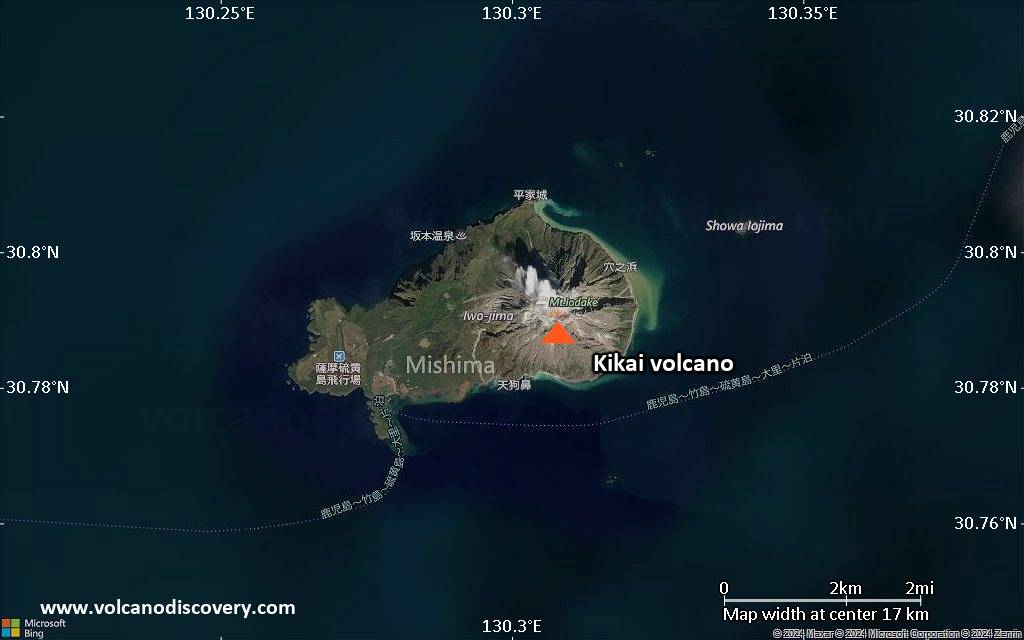 Satellite/aerial-type map of Kikai volcano (scale of approx. 10-20 km)