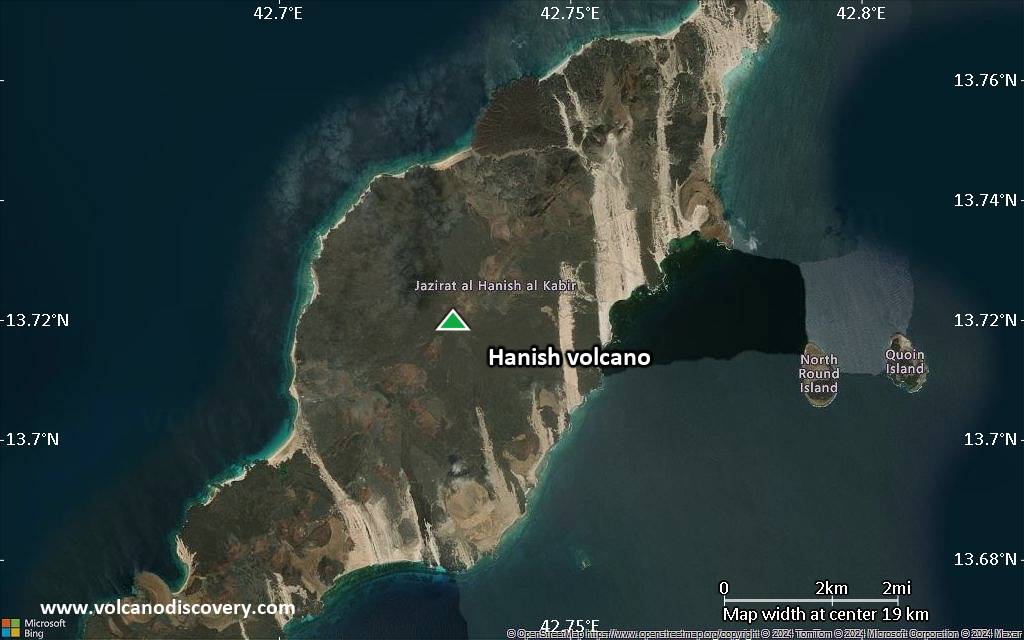 Satellite/aerial-type map of Hanish volcano (scale of approx. 10-20 km)