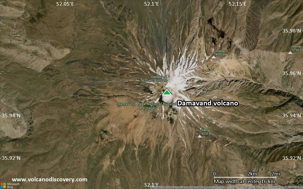 Satellite/aerial-type map of Damavand volcano (scale of approx. 10-20 km)