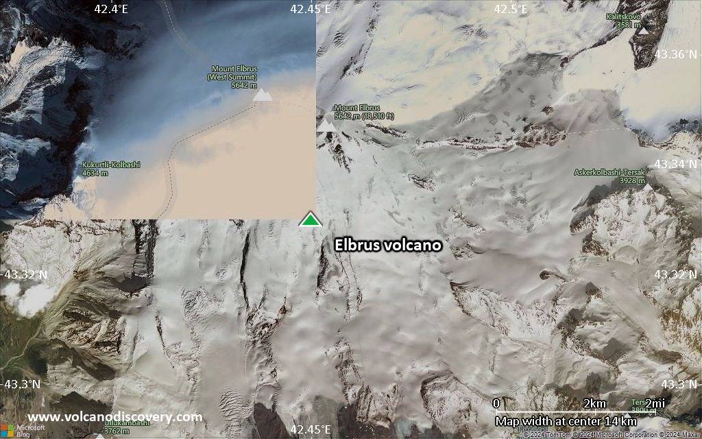 Satellite/aerial-type map of Elbrus volcano (scale of approx. 10-20 km)