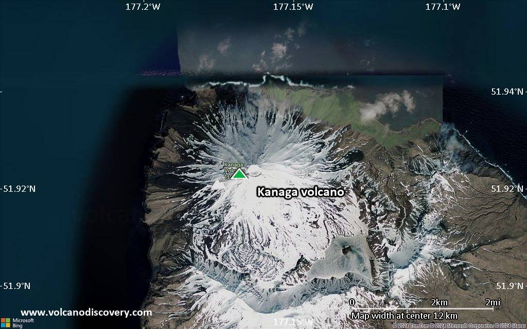 Satellite/aerial-type map of Kanaga volcano (scale of approx. 10-20 km)