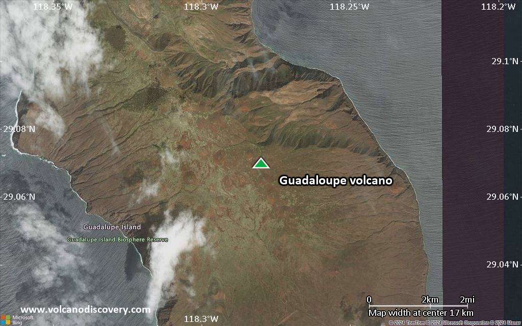 Satellite/aerial-type map of Guadaloupe volcano (scale of approx. 10-20 km)