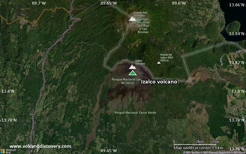 Satellite/aerial-type map of Izalco volcano (scale of approx. 10-20 km)