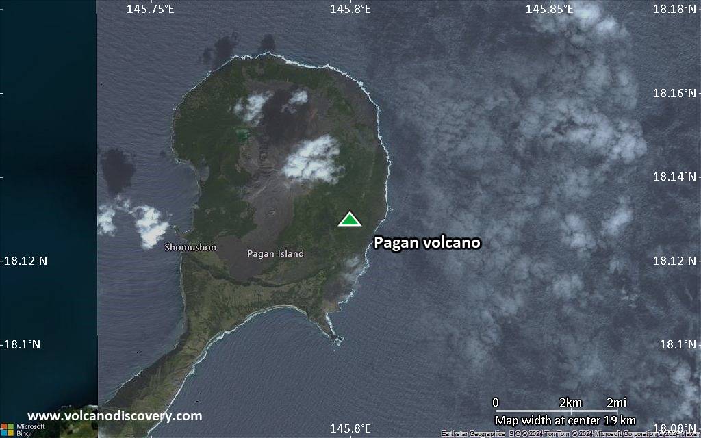 Satellite/aerial-type map of Pagan volcano (scale of approx. 10-20 km)
