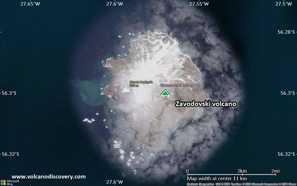 Satellite/aerial-type map of Zavodovski volcano (scale of approx. 10-20 km)