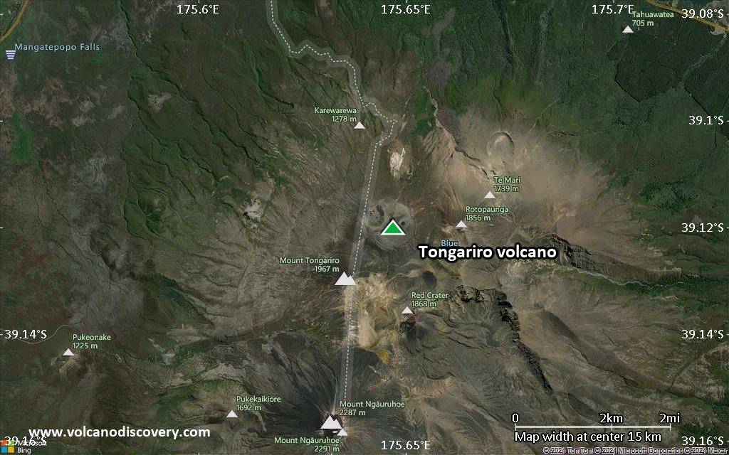 Satellite/aerial-type map of Tongariro volcano (scale of approx. 10-20 km)