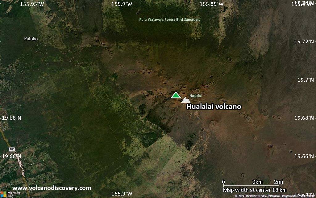 Satellite/aerial-type map of Hualalai volcano (scale of approx. 10-20 km)