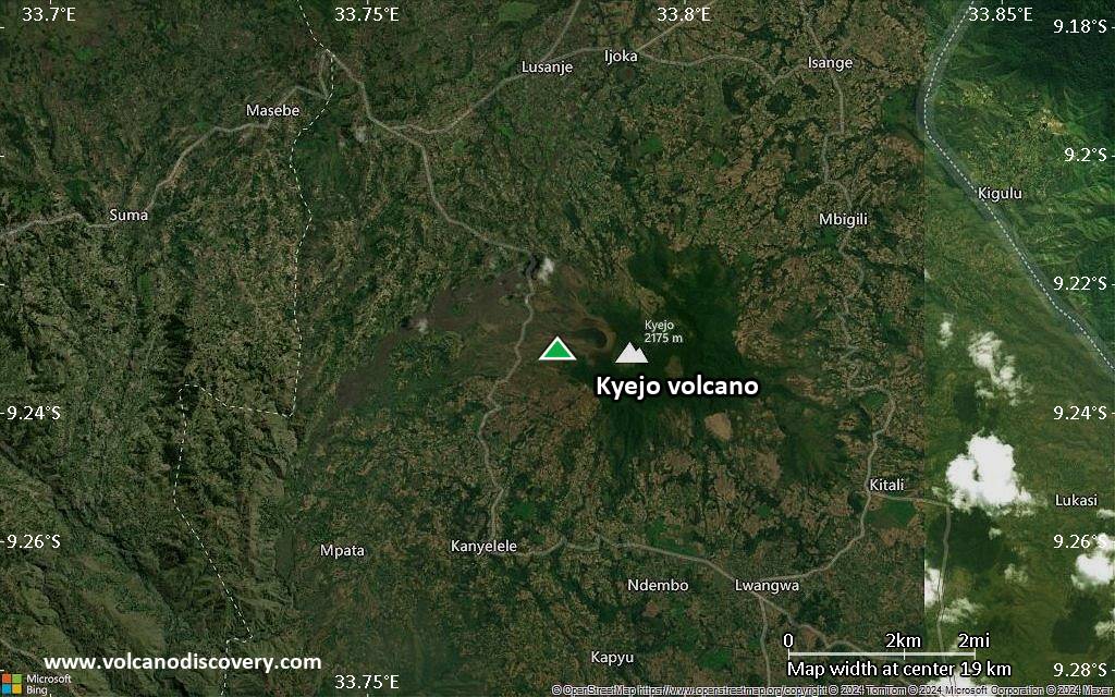 Satellite/aerial-type map of Kyejo volcano (scale of approx. 10-20 km)