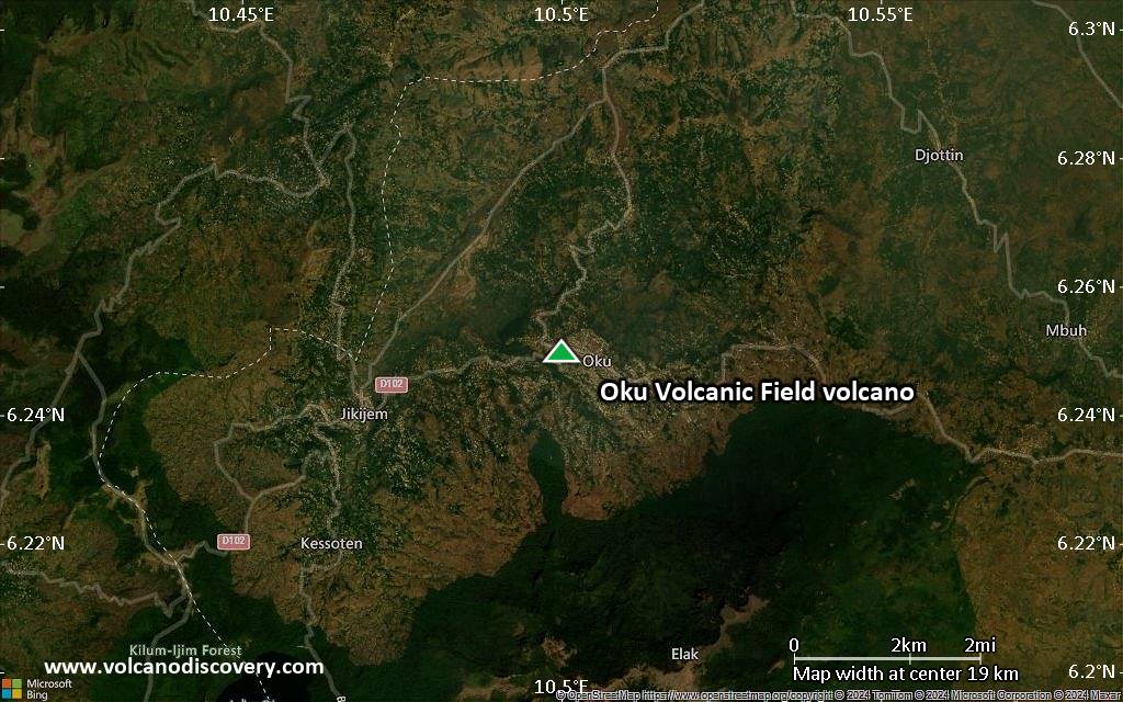 Satellite/aerial-type map of Oku Volcanic Field volcano (scale of approx. 10-20 km)