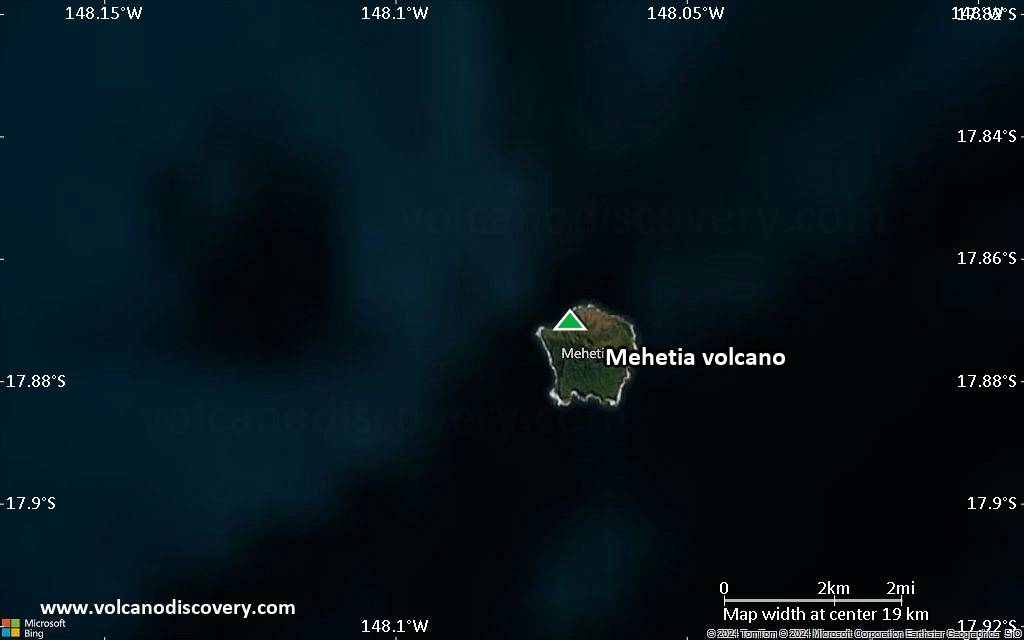 Satellite/aerial-type map of Mehetia volcano (scale of approx. 10-20 km)