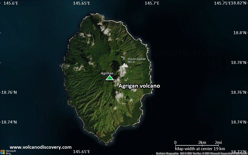 Satellite/aerial-type map of Agrigan volcano (scale of approx. 10-20 km)