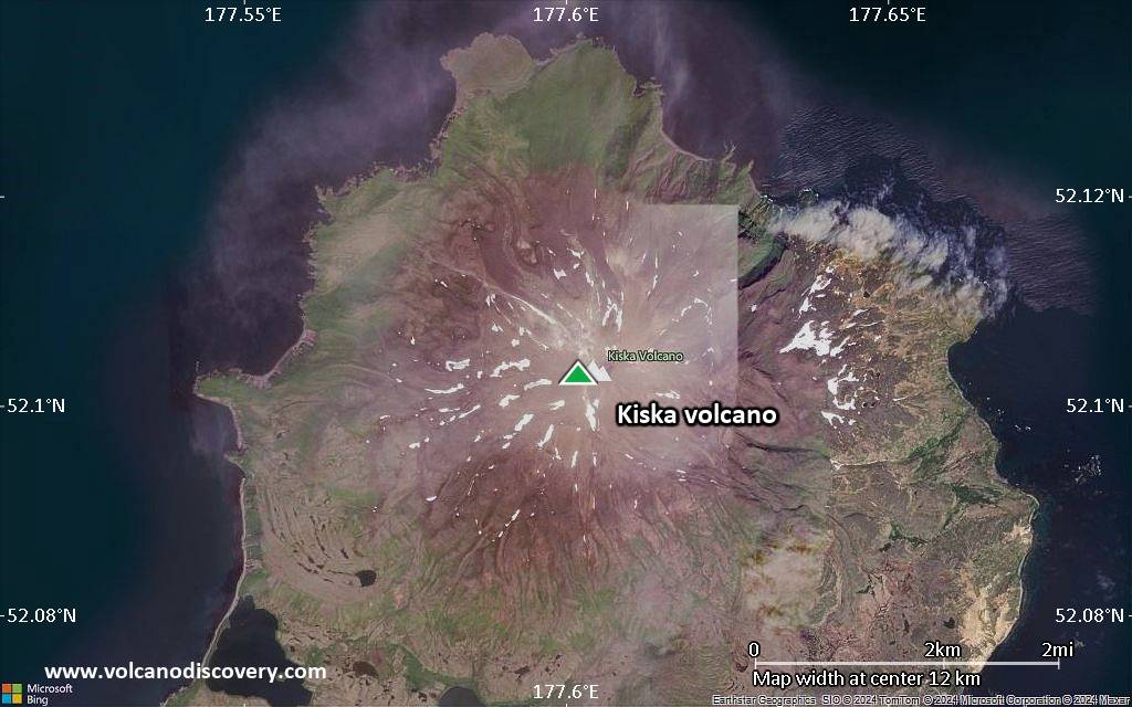 Satellite/aerial-type map of Kiska volcano (scale of approx. 10-20 km)